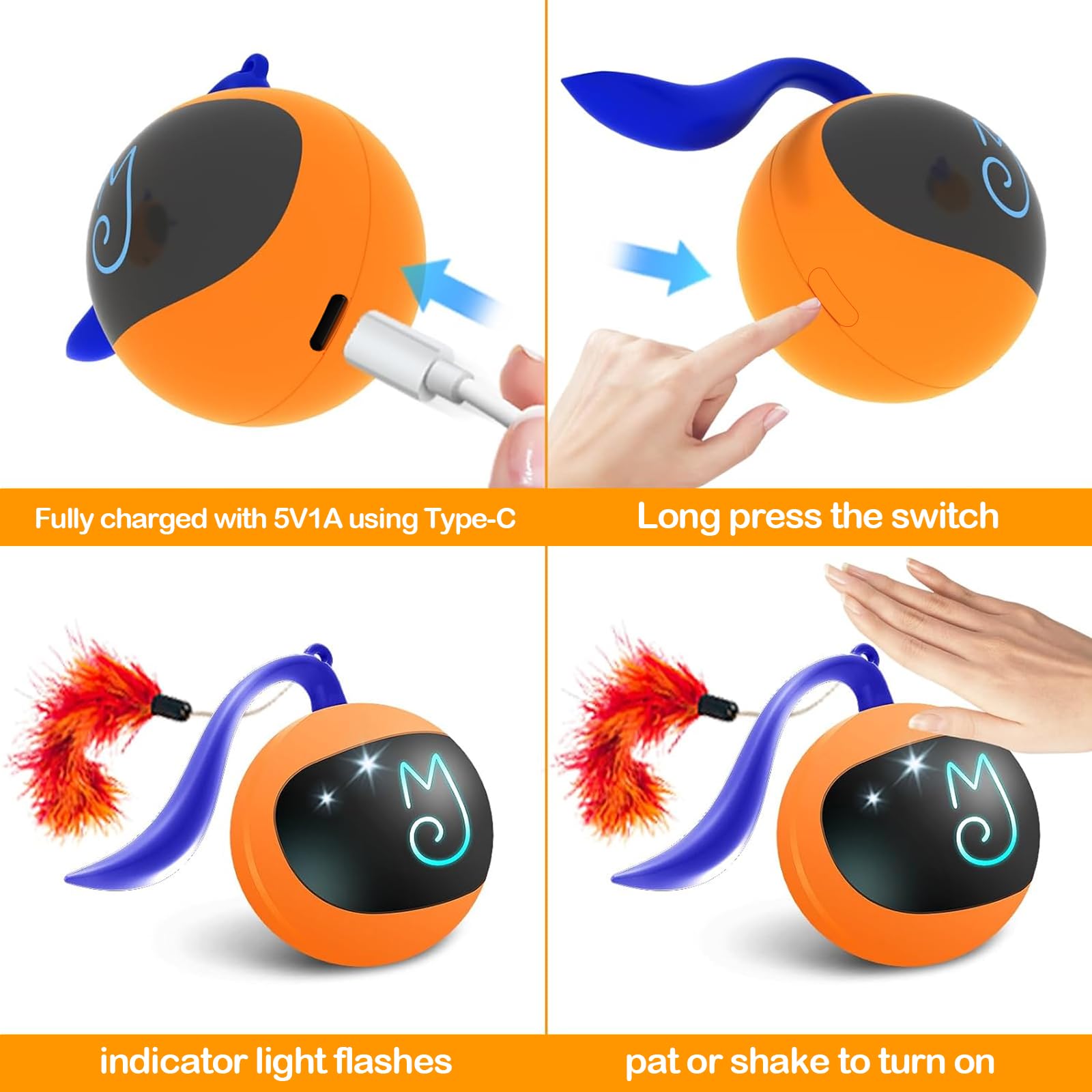 Migipaws Interactive Cat Ball Toy Set, Fun Tracker, Automatic Rolling Chase Ball With Fluffy Tail, A Small Mice, Rechargeable(Orange)